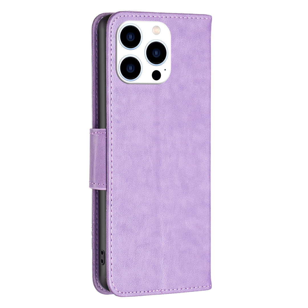 Uniqkart for iPhone 15 Pro Shockproof Phone Flip Case Butterfly Imprinted Leather Stand Wallet Cover with Strap - Purple Uniqkart for iPhone 15 Pro Shockproof Phone Flip Case Butterfly Imprinted Leather Stand Wallet Cover with Strap - Purple